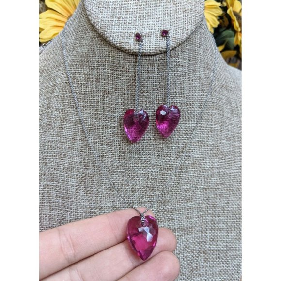 Swarovski Swan Brand Fuchsia Pink Crystal Heart Necklace Earrings Jewelry Set - Picture 2 of 11